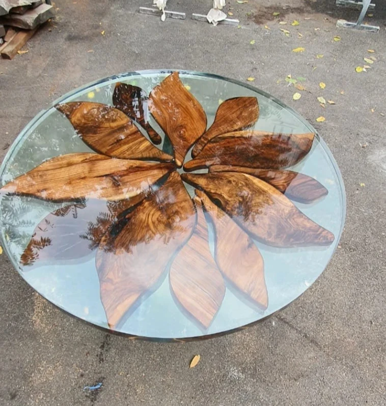 Mesa de comedor redonda epoxi de nogal | Mesa de resina transparente hecha a mano de 48” | Rou personalizada Foto 3 de 4