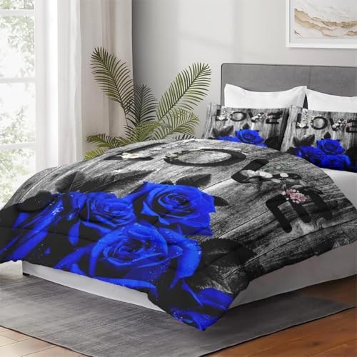 Comforter Set Size with 2 Pillowcases, Dark Blue Rose Flower 3 Queen Multi 21 - Picture 4 of 6