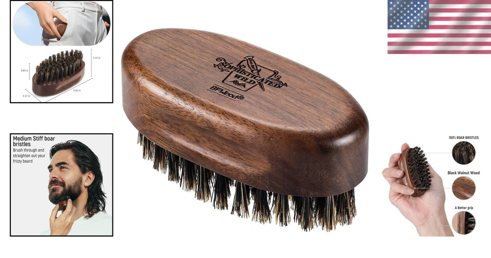 Cepillo de barba de viaje compacto con cerdas naturales de jabalí - elegancia de nogal negro Foto 2 de 4