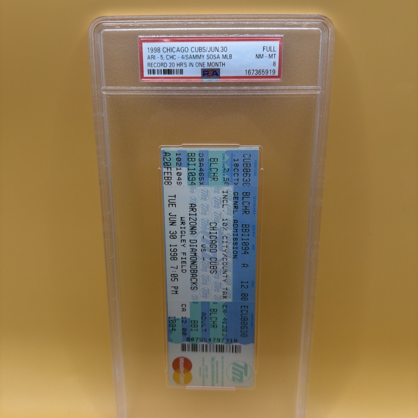 SAMMY SOSA 20 HRS ONE MONTH ticket 6/30/1998 Psa 8. Record To This Day
