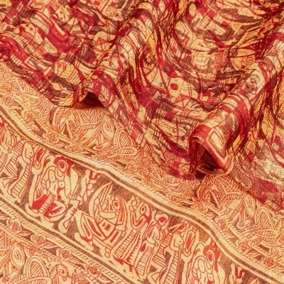 Sanskriti Vintage Sarees Red Animal Human Abstract Printed Pure Silk 5+Yd Sari