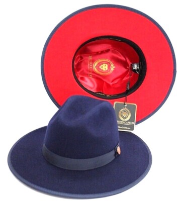 Bruno Capelo Men's Navy with Red Wide Stiff Brim Wool Fedora Monarch MO-205