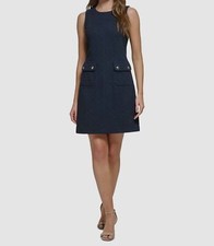 Tommy Hilfiger Women's Blue Basketweave Round Neck Sleeveless Dress Size 18