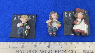 3 Brauns Child Figure Brooch Pins Resin Girl Coloring Boy w/ Book Boy w/ Rabbit