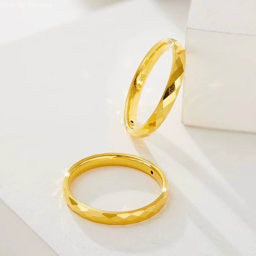 Real 999 24K Yellow Gold Shiny Carved Rings Men Women US Size 4/5