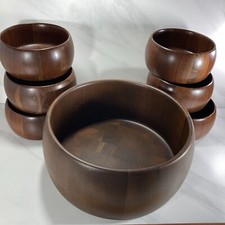 SOLID AMERICAN WALNUT WOODEN SALAD BOWLS SET  7 BOWLS  3 are SCRATCHED