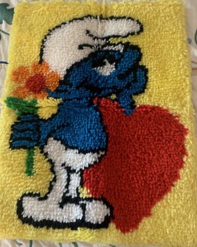 Hand Made Hook Rug Wall Hanging Smurf Love Flowers 2003 Signed