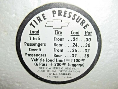 #ad 1966 NOVA GM Tire Pressure Decal # 3888745 NOS FREE SHIPPING $7.98