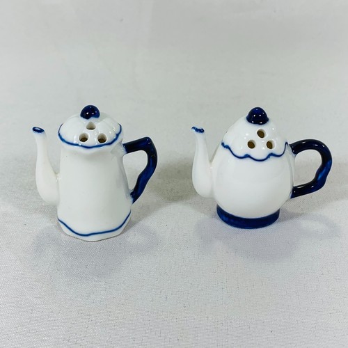 Mini White w Cobalt Blue Ceramic Salt and Pepper Shakers 2" x 1.75" w Stoppers - Picture 4 of 8