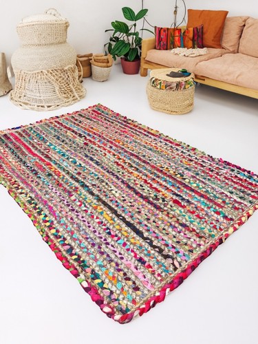 Striped Rug Jute Rugs Recycled Cotton Mat Multi Colour Beige Small to Large Mats - Picture 13 of 40