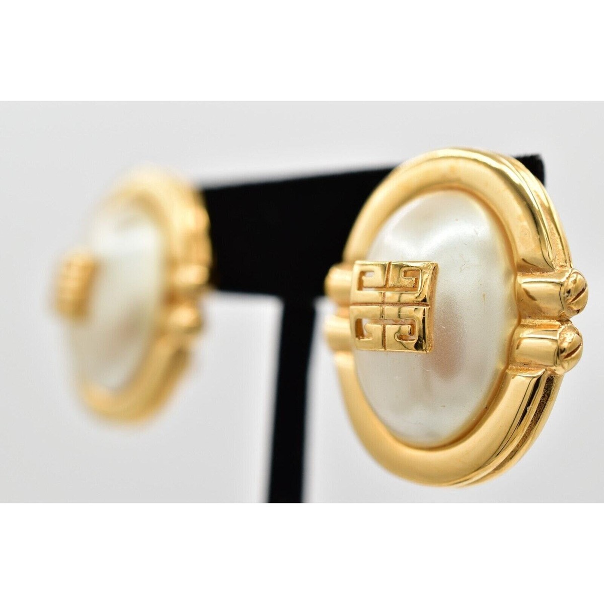 Givenchy Vintage Logo Clip On Earrings 4G Gold Pearl Oval