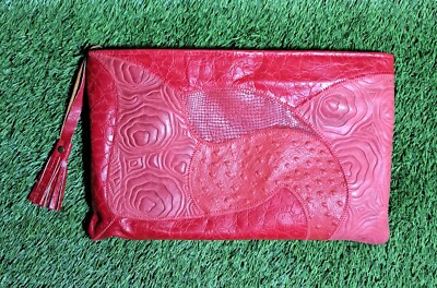 Vintage Bag  Leather Croc Embossed Made in U.S.A Retro 80s Red  Handbag Clutch  