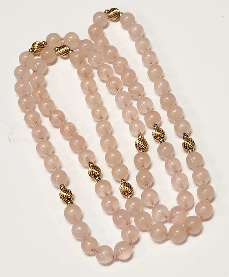 Collar de cuentas de cuarzo rosa natural vintage años 70 espaciadores de oro amarillo de 14 quilates 32" Foto 2 de 4