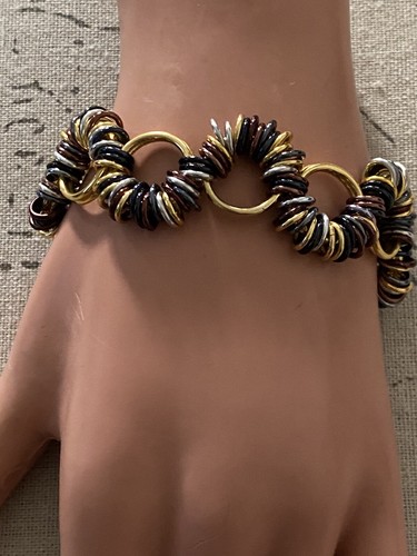 Gold Tone Link Chain Toggle Closure Bracelet With Multiple Color Smaller Links