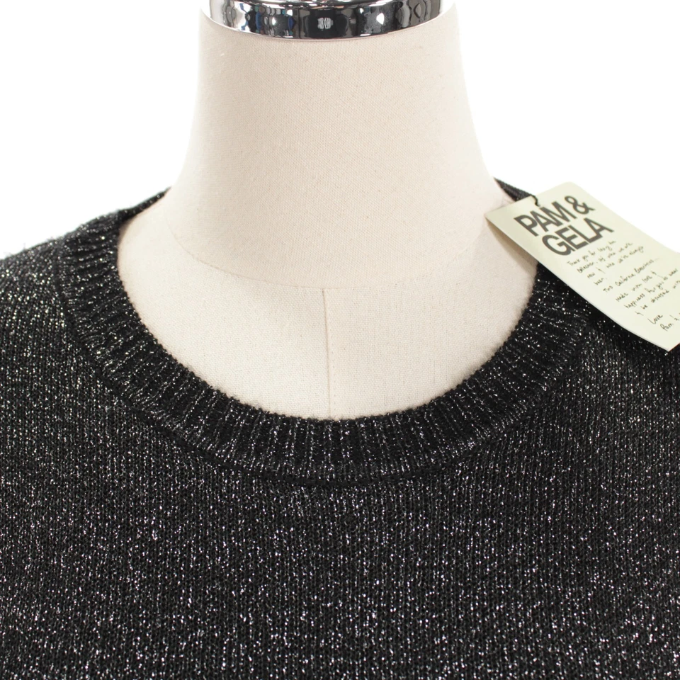Vestido Suéter Pam & Gela Nuevo con Etiquetas Lurex Cuello Redondo Manga Larga Talla M en Negro/Plateado Foto 2 de 4