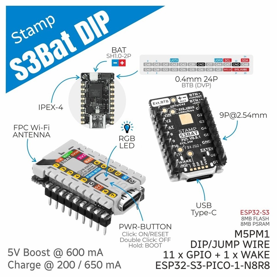 Stamp-S3Bat DIP Embedded Core Module with Integrated Management ...