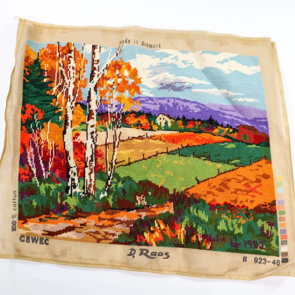 Vtg Finished Cewec Needlepoint Canvas Denmark Fall Leaves Landscape Trees 20x16 - Image 3 of 4