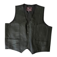 Leather Club Vintage Mens Black Genuine Leather Biker Vest Western Snaps SZ 46