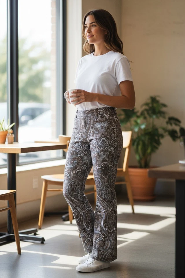 Escada Corduroy Brown Grey Blue Paisley Flare Leg Pants Size 38 US 8 NWOT - Image 2 of 4