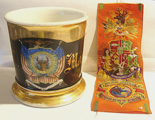 AUTH ANTIQUE SIGNED ANCIENT ORDER OF FORESTERS OCCUPATIONAL SHAVING MUG w RIBBON