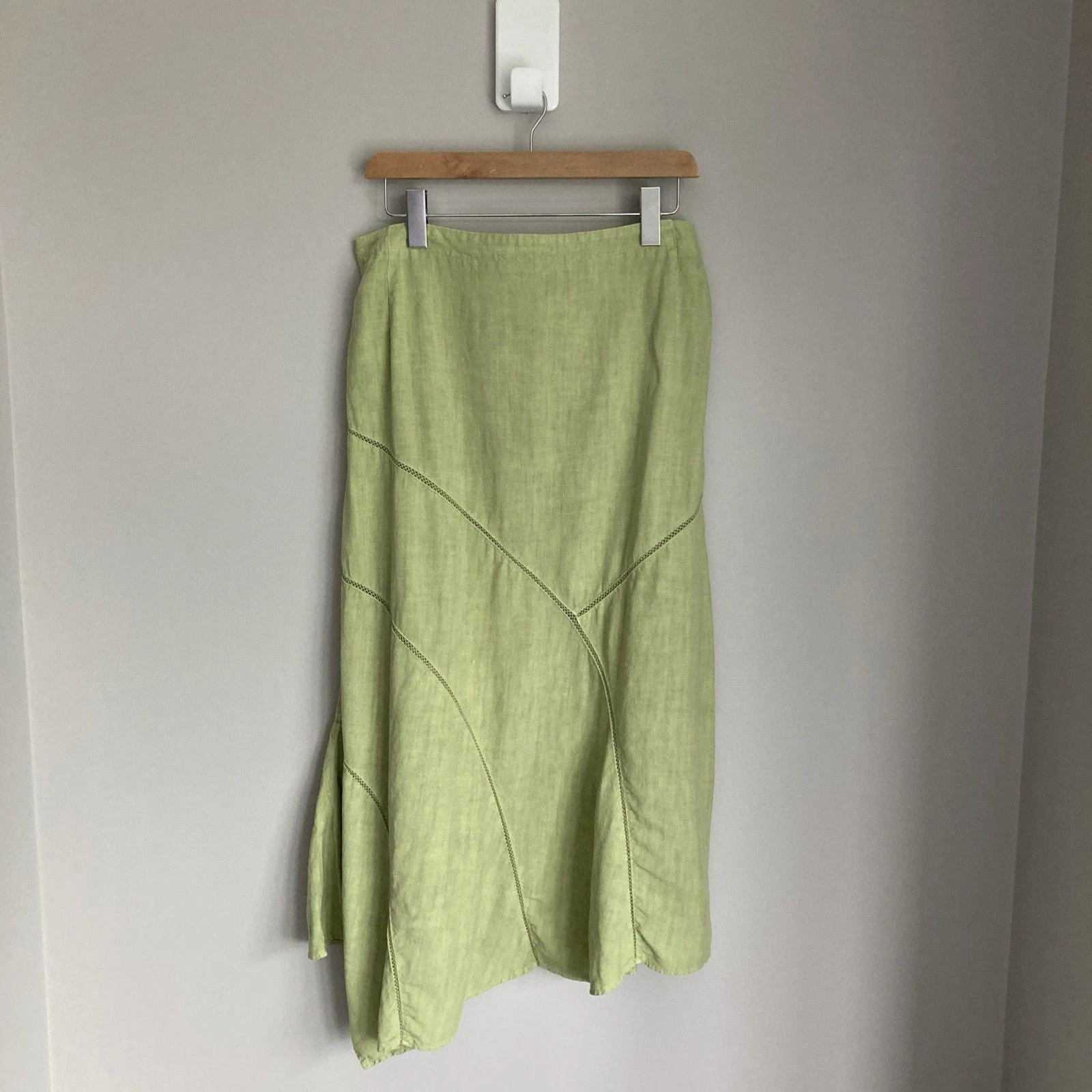 Oska Linen Skirt Size 3 Womens UK 14-16 Green Midi Elastic Lagenlook Fit Flare