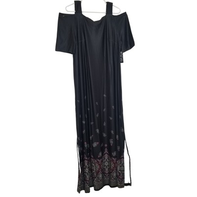 NWOTs-Roman's Woman's Black Floral Maxi Dress Cover up MuMu Off Shoulder Size L 