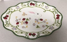Astor Lane Easter Rabbit Hand Painted Oval Platter Bunny In Strawberries Flowers
