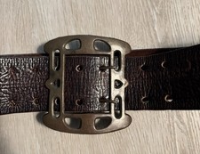 Vintage Wide Embossed Leather Belt 2 Brown Double Prong Brass Tone Buckle 33-37