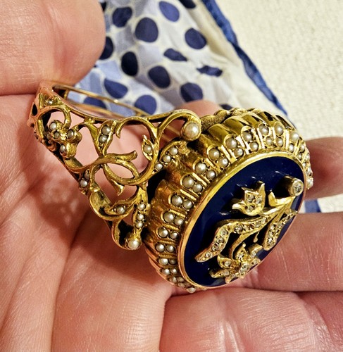 14k Heavy Solid Yellow Gold Bangle Bracelet Scroll Design W/Pearls/Diamonds $35k - Picture 11 of 13