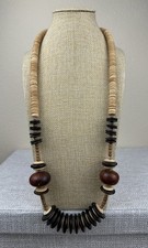 Chunky Wood Beaded Statement Necklace Brown Boho Ethnic Beach 29" Long