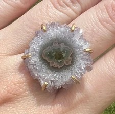 Natural Quartz Stalactite Slice Ring 25mm Gold Plated 925 SS, SZ 8, MSRP: 170.00