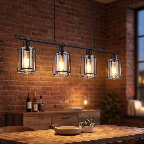 Pendelleuchte HäNgelampe Esstischleuchte 4 Flammig Glas Rauch Gitter H 120 Cm-image