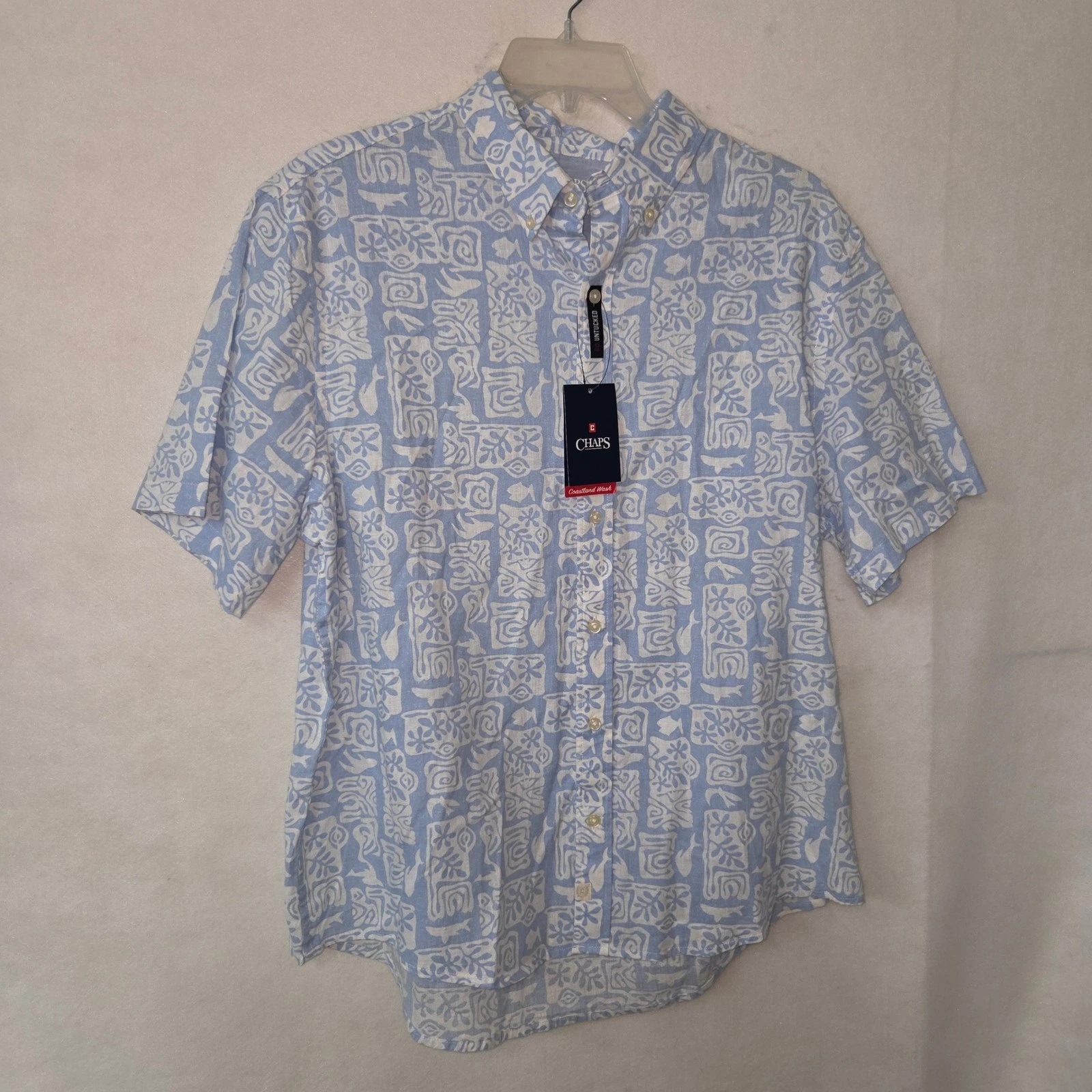 Chaps Mens Coastland Wash Linen Blend Button Down Shirt Light Blue Print XL New