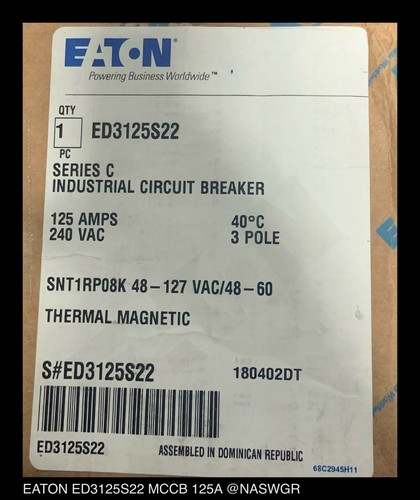 Disyuntor de circuito estuche moldeado Eaton ED3125S22 ~ 125 amperios - excedente sin usar - Imagen 2 de 4