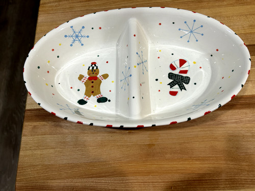 Temptations Holiday Divided Casserole Dish w/ lid Gingerbread Man Candy Canes