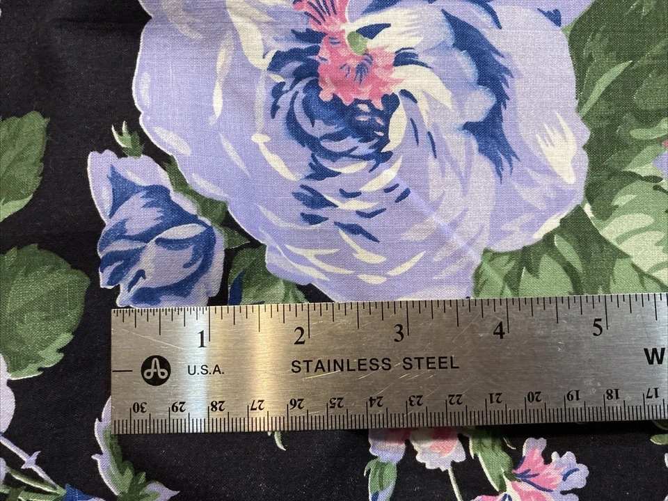 Vintage Marcus Bros Fabric Large Blue Mauve Roses on Black 1.5Y x 44"W - Image 2 of 3