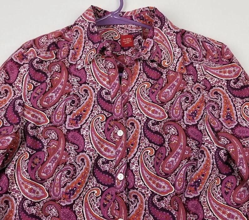 Valerie Stevens 纽扣衬衫女式小号 PS 佩斯利 3/4 袖波西米亚 — 第 2/4 张图片