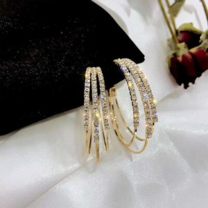 Authentic BRAND GOLD PLATED 4.5cm three circle diamond C-shaped hollow HOOPs