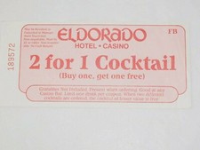 Vintage ELDORADO Hotel & Casino 2 for 1 Cocktail Voucher RENO Nevada