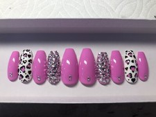 pink heart cheetah press on nails