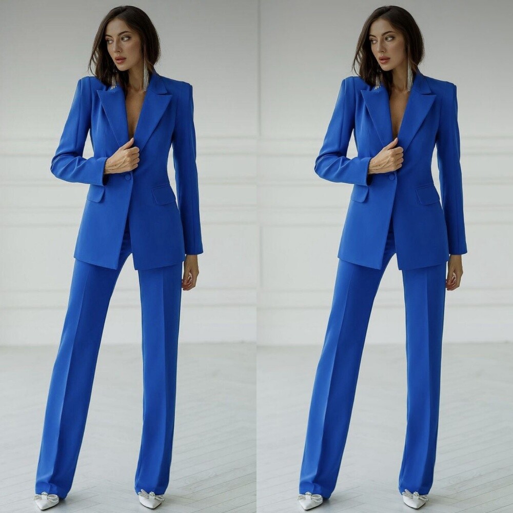 Royal Blue Women Suits Business Peak Lapel Slim Fit Work Wear Set Ladies  Office