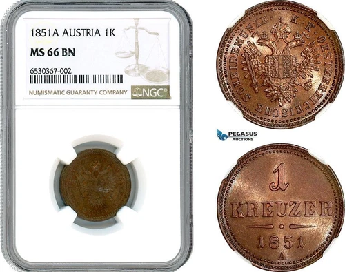AI204, Austria, Franz Joseph, 1 Kreuzer 1851 A, Vienna Mint, NGC MS66BN