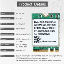 Wifi 6 Realtek RTL8852BE Network Card 1800Mbps BT 5.0 Dual Band Wireless