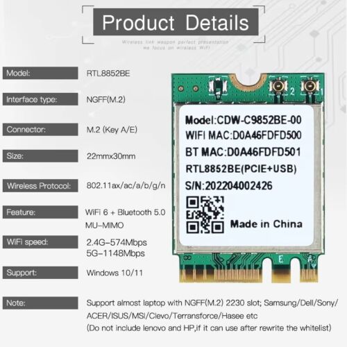 Wifi 6 Realtek RTL8852BE Network Card 1800Mbps BT 5.0 Dual Band Wireless
