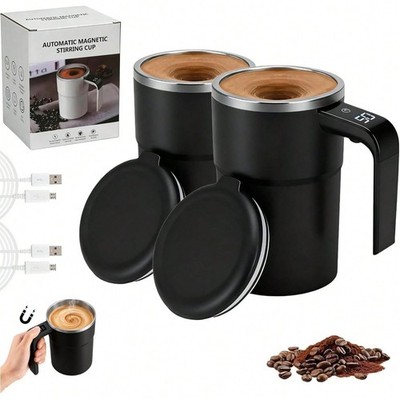 2-Pack Self-Stirring Coffee Mug LED Temp Display Stainless Steel  Perfect Gift