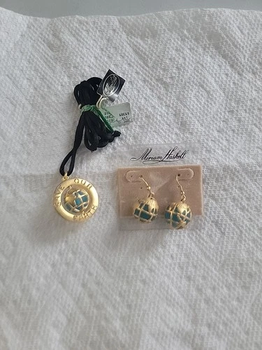 Miriam Haskell Matte Gold Tone W/Blue Pendant Necklace & Earring Save Our Earth