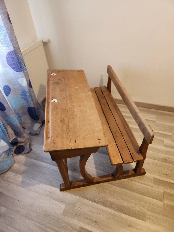 Pupitre d'écolier ancien en bois 2 places - Photo 2/4
