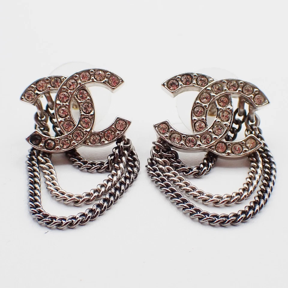 CHANEL CC Logo Rhinestone Chain Piercing Earring A21B Silver France 34RF633 - Image 2 of 4