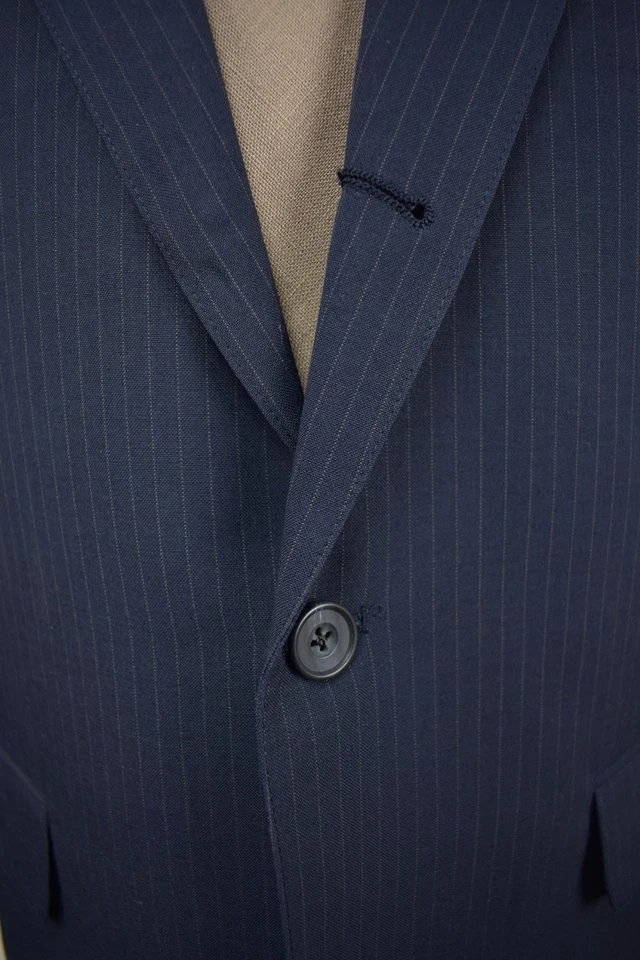 1976-1994 Corbin Navy Blue Striped Wool Three Roll Two Two Piece Suit Size: 40L - Image 2 of 4