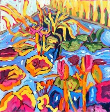 GERARD 12X12-Original Flower Painting Oil Abstract Blue Wall Art Ready to Hang